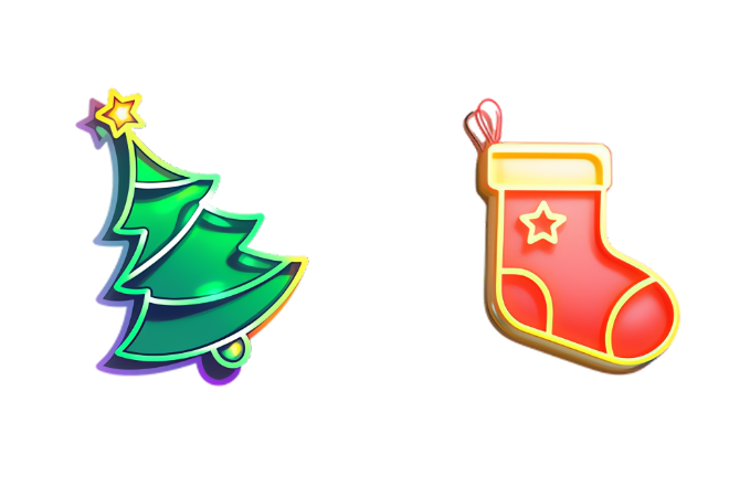 ネオングリーンクリスマスツリーと赤いストッキング