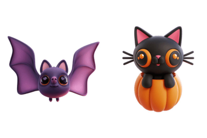 Хэллоуин: Милые летучая мышь и кот в тыкве 3D